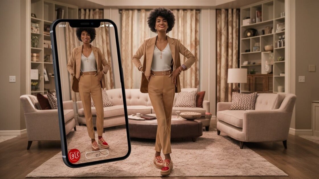 Split Screen Divide the image into two halves. On one side, show a person using a phone with an AR app displaying a product in the real world (e.g., virtual clothes try-on). On the other side, show a happy customer wearing the clothes or using the product in their home.